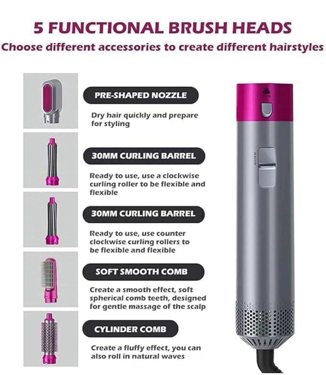 Multi-Functional 5 IN 1 Hair Styling Tool Detachable Hot Air Brush Hair Dryer